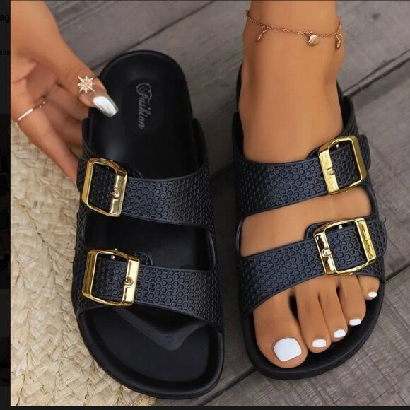 Double Buckle Open Toe Sandals in black - NEW - 8 (38) - Picture 1 of 6